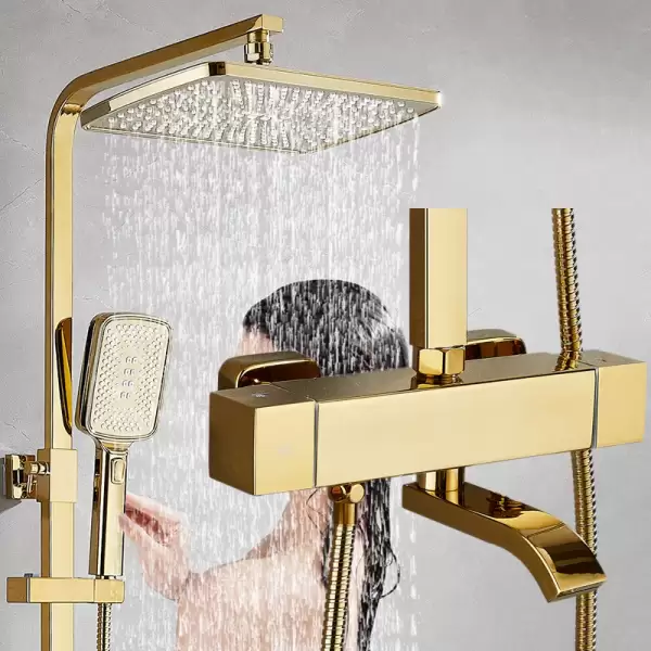 Square Thermostatic Bathroom Shower Set Quality Brass Hot Cold Gold Bathroom Shower System 12 Inch Rain Shower Sprinkler Head
