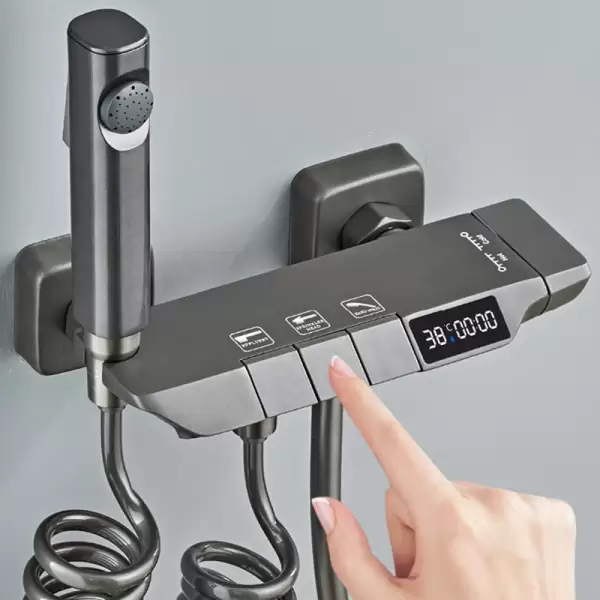 Shower System Full Set Grey 2 Way Piano Keys Bathroom Shower Set Wall Mounted Brass Bathtub Digital Display Shower Faucet