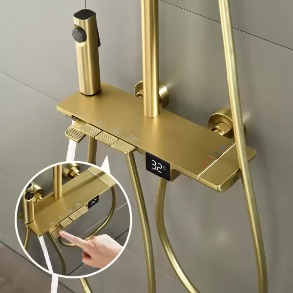 Luxury Brushed Gold LED Display Bathroom Faucet 4 Ways Rainfall Bathtub Shower System Solid Brass Mixer Tap Shower Faucet Set