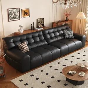 French Retro Leather Sofa Italian Light Luxury Living Room Three Seat Sofa Couch Black Leather Sofa