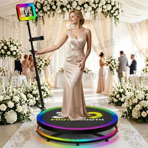 Portable 360 Photo Booth Platform for Parties Weddings Events with Remote Control Rotating Arm and Custom LED Lighting