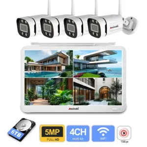4CH 5MP Wireless Home Security Cameras for Home with with 4CH Wireless NVR Built in LCD Display AI Human Detection Support