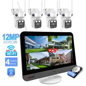 No-Cable 12MP CCTV System 12.5 InchTablet Recorder, 3-Lens 360 Move Camera, Local Record No Internet