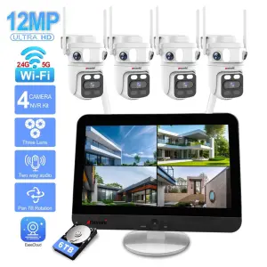 4CH Solar Security Camera System Wireless Wifi NVR Monitor 12.5inch Three Lens CCTV Camera System Network Phone Connection