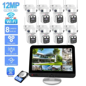 8CH Wireless Wifi Security Camera System 12.5inch Wifi NVR Monitor Three Lens Pan and Tilt Camera Smart AI Human Auto Tracking