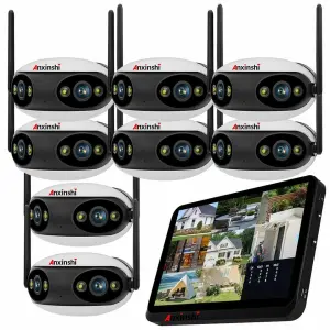 8CH Wireless Security Camera System with Touch Screen Wifi Dual Lens Camera for Outdoor and Indoor Full Color Night Vision P2P