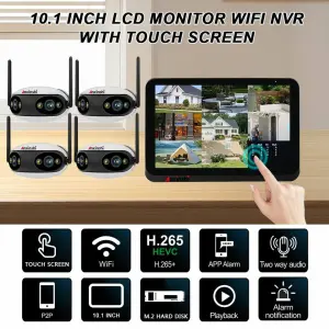 10.1inch Touch Screen Wireless Nvr4ch Wireless Duallens Fisheye 180degree Panoramic Camera Set Human-shaped Detection Waterproof