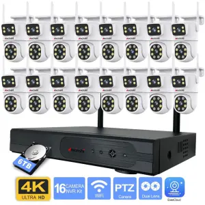 16CH Dual Lens Wireless PTZ Camera with 16CH Wireless Camera Kits Support Remote View Human Detection Home Security System