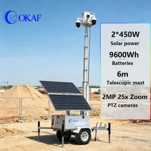 OK-PRO10 Mobile Sentry Security Trailer Camera Tower 4G Solar Powered Surveillance System Construction Site 4G Security Trailer