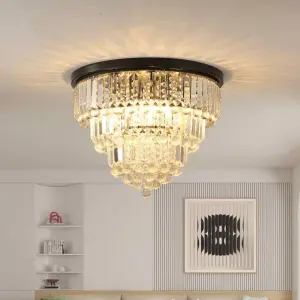 Modern Luxury K9 Crystal 3 Tier Flush Mount Chandelier Black Metal Ceiling Light Round Hanging Lamp for Living Room Decor