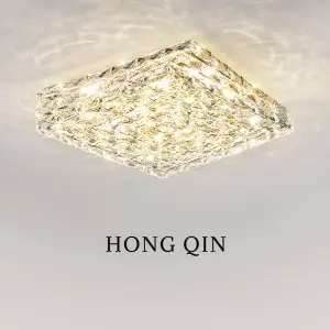 Modern European Stainless Steel LED Ceiling Light Luxury Rectangular Crystal Hotel Lobby Dining Room Living Room Ceiling Light