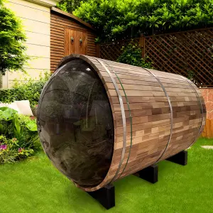 Outdoor Use 4-6 Person Traditional Panoramic Barrel Sauna Dry Steam Sauna With 6 Kw Electric Stove