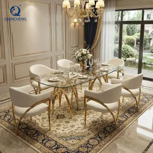 Wholesale High Gloss Glass Top Dinning Room Kitchen Tables Set 8 Seater Luxury Gold Dining Table and Chair