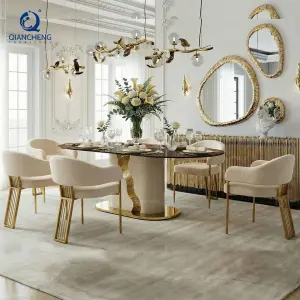 Modern Style Elegant Dining Table for Luxury Villa Furniture Complete Design Wave Stainless Steel Base Large Size Oil Dining Set