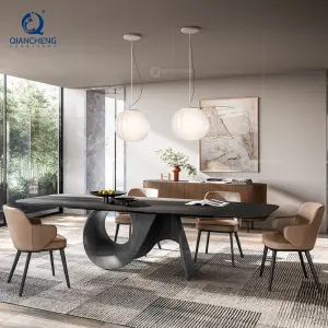 QIANCHENG Oem Ss Steel Home Modern Dinning Furniture Long Rectangle Minimalist Natural Thick Wood Slab Set Dining Table