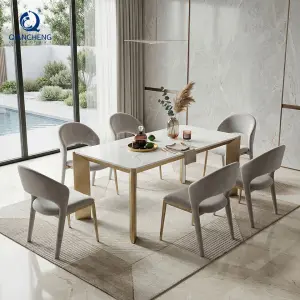 Foshan Manufacturer Direct Sale Luxury Customized Marble Rock Slab Dining Table Set New Design SS Metal Dining Room Furniture