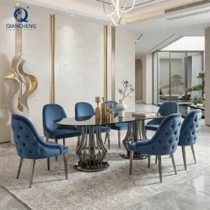 Factory Direct Dining Room Furniture Transparent Oval Shape Design Glass Dining Table with Black Metal