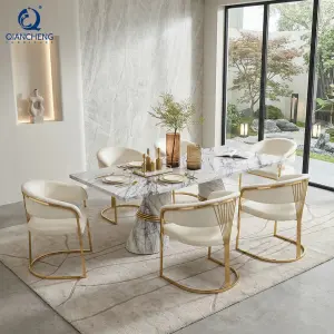 QIANCHENG Marble Stickers Stainless Steel Base China Manufacturer Kitchen Sintered Stone Marble Dining Table