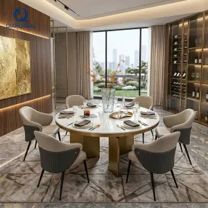 QIANCHENG Restaurant Marble Kitchen Stainless Steel Dinning Room Table Furniture 6 Seater With Leather Chair Dining Table Set
