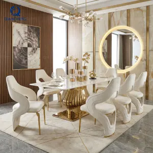 QIANCHENG New Design Full Dining Table Set Indoor Glamour 4 6 8 12 Seats Italian Furniture Composite Marble Dinning Hall Set