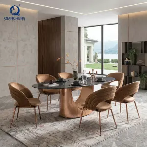Foshan Supplier Luxury Home Modern Dinner Furniture Large Grey Artificial Marble Dining Table Set 6 Chairs