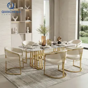 QIANCHENG Oem Supplier Modern Marble Dinning Room Sets 6 Chairs Furniture Luxury Steel Dining Table Set