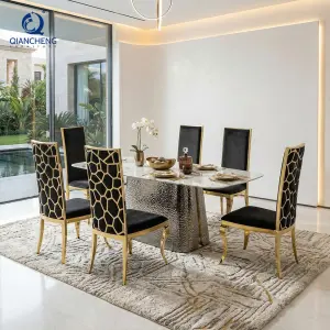 Custom Made Hand Craft Stainless Steel Dining Table for 10 People Turkish Furniture Dubai Artificial Marble Top Dining Table
