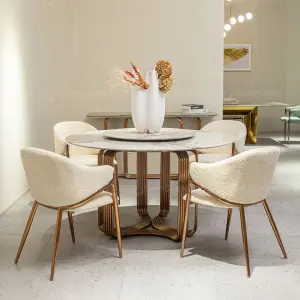 Modern Luxury Style White Round Marble Top Dining Table Sets with Turntable and 6 Chairs for Restaurant Furniture