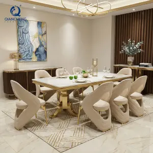 QIANCHENG Light Luxury Home Furniture 304 Gold Stainless Steel Dinning Room Marble Top Dining Table Set