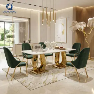 QIANCHENG New Designs Luxury Dinning Set Natural Real Green Marble Dining Tables Light Luxury Stainless Steel Home Furniture
