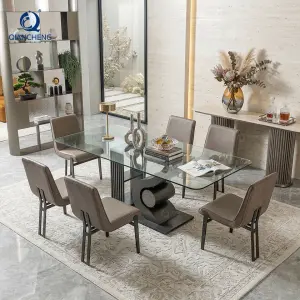 12mm Thick Tempered Glass Dining Table 8 Seat Guangzhou China Custom Design Black Metal Base Dining Room Table Modern Rectangle