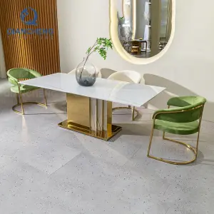 Wholesale 8 Seater Restaurant Kitchen Stainless Steel Dinning Room Furniture Gold Luxury Large Artificial Dining Room Table Set