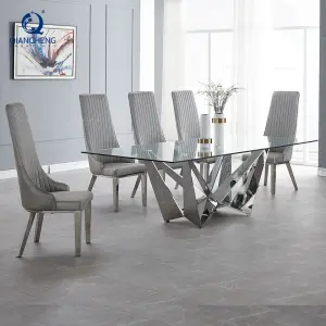 Dining Room Furniture Stainless Steel Tables and Chairs French Style Tempered Glass Dinning Table Set