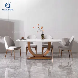 QIANCHENG Luxury Scandinavian High Grade Hotel Villa Furniture Rose Gold Natural Marble Stone Dining Room Table and Chairs