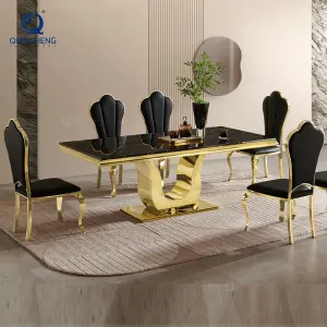 Luxury Hotel Dining Table Set 6 Chair Dinning Room Furniture Gold Stainless Steel Marble Party Wedding Event Table