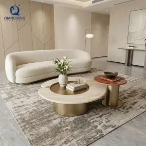 Luxury Center Table Set Modern Living Room Furniture Round Natural Travertine Top Stainless Steel Coffee Table for Home Hotel