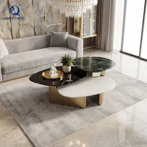 China Manufacturer Italian Modern Luxury Living Room Furniture High and Low Combination Stainless Steel Marble Coffee Table Set