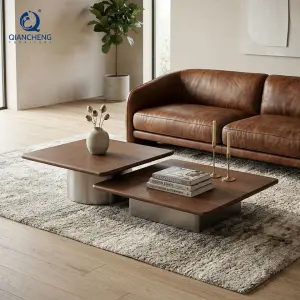 Italian Quiet Luxury Floating Coffee Table Modern Square Walnut Wood Veneer Metal Base Center Table for Living Room Furniture