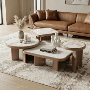 Wholesale Unique Nordic Design Sofa Coffee Table 4 Piece Combination Hotel Full Stainless Steel Wood Grain Side Center Table Set