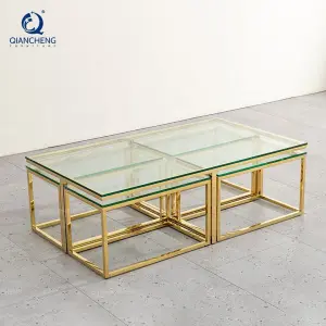 QIANCHENG Mesa De Centro De Cristal De Sala Luxury 5 Pieces Glass Gold Furniture Living Room Accent Coffee Nesting Tables Set