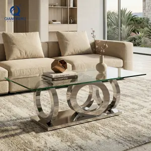 QIANCHENG Living Room Luxury Furniture Gold Stainless Steel Legs Tea Tables Contemporary Metal Glass Coffee Table