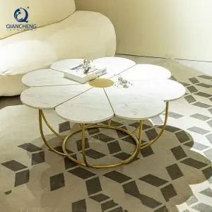 QIANCHENG Living Room Furniture Table Coffee Muebles De Salon Mesa De Centro Acero Inoxidable Flower Natural Marble Centre Table