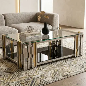 QIANCHENG Furniture Supplier Luxury Home Furniture Fiberglass Mirror Side Center Tables Golden Modern Glass Coffee Table