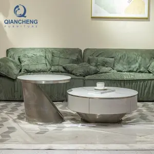 QIANCHENG Stylish Furniture Design Ethiopian Brass Stainless Steel Side Mirror Center Accent Coffee Table Set of 2