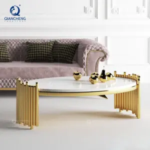 QIANCHENG Apartment Living Room Furniture Sofa Oval Metal Coffee Tables Oval High Gloss White Ceramic Accent Table
