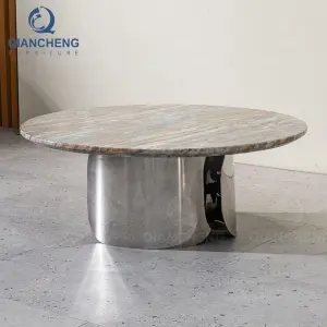 QIANCHENG Round Laser Coffee Tables Modern Black Stainless Steel Round Mirror Center Accent Table for Living Room
