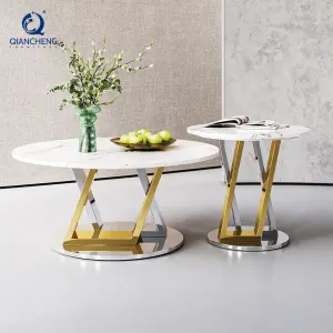 QIANCHENG Luxury Living Room Wholesale Furniture Big Tea Tables Brass Stainless Steel Round Coffee Table Set