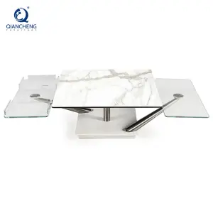 Wholesale Modern Style Stainless Steel Legs Swivel Coffee Table with Motional Ceramic Rock Plate Glass Top Rotary Center Table