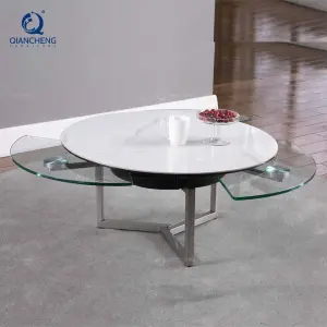 Foshan Wholesale Modern Style Stainless Steel Swivel Coffee Table with Motional Ceramic Rock Plate Glass Top Rotary Center Table