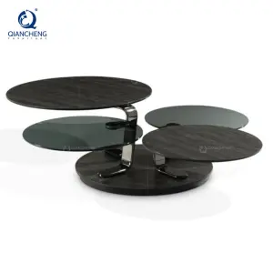 Modern Luxury Good Quality Stainless Steel Base Round Glass Rock Beam Swivel Coffee Table Set for Living Room Furniture